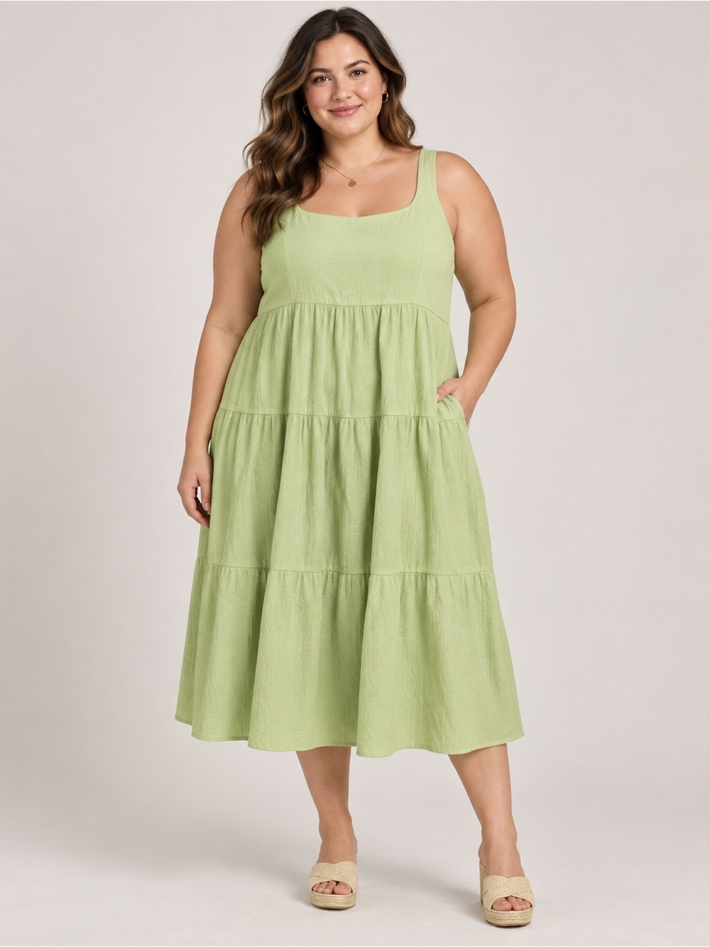 Ava & Viv Light Green Tiered Plus Size Midi Dress